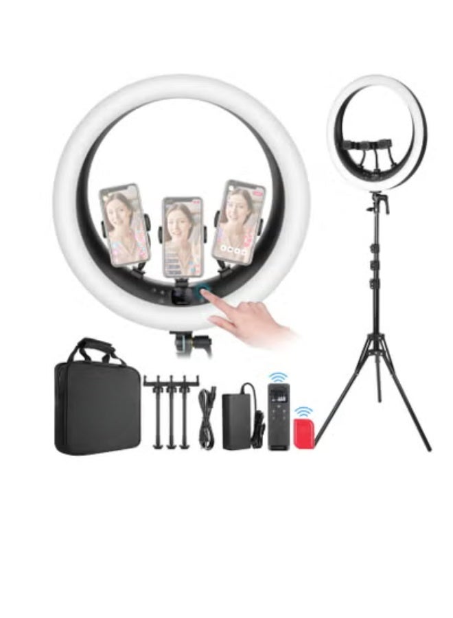 رينج لايت 19 بوصة مع حامل و3 حوامل هواتف – إضاءة LED قابلة للتعتيم مع ريموت ولمس – مثالية للبث المباشر وتصوير الفيديو ومكالمات الزوم