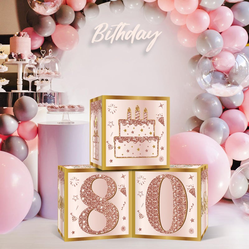 Guiruiy 3Pcs 80Th Birthday Decorations Boxes For Women  Pink Rose Gold 80Th Birthday Balloons Boxes Party Supplies  Pink Eighty Year Old Bay Theme Cardboard Box Decor - Image 4