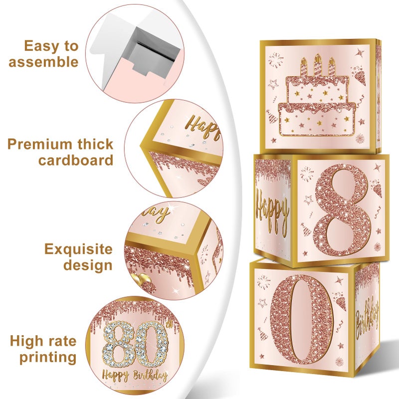 Guiruiy 3Pcs 80Th Birthday Decorations Boxes For Women  Pink Rose Gold 80Th Birthday Balloons Boxes Party Supplies  Pink Eighty Year Old Bay Theme Cardboard Box Decor - Image 3