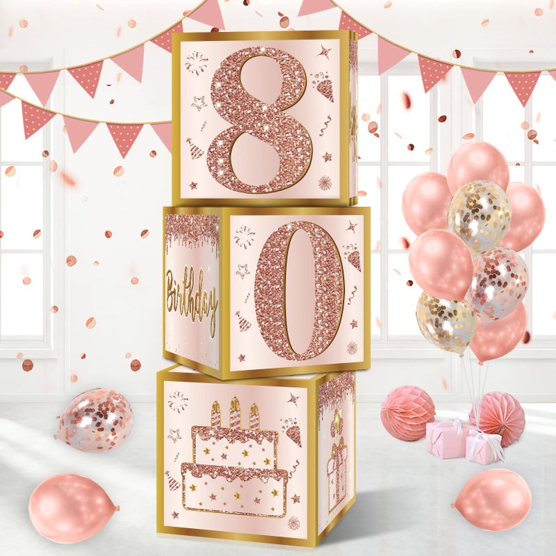 Guiruiy 3Pcs 80Th Birthday Decorations Boxes For Women  Pink Rose Gold 80Th Birthday Balloons Boxes Party Supplies  Pink Eighty Year Old Bay Theme Cardboard Box Decor - Image 1