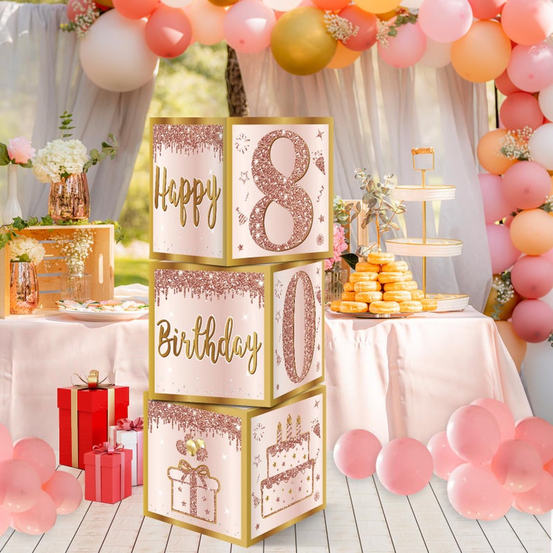 Guiruiy 3Pcs 80Th Birthday Decorations Boxes For Women  Pink Rose Gold 80Th Birthday Balloons Boxes Party Supplies  Pink Eighty Year Old Bay Theme Cardboard Box Decor - Image 5