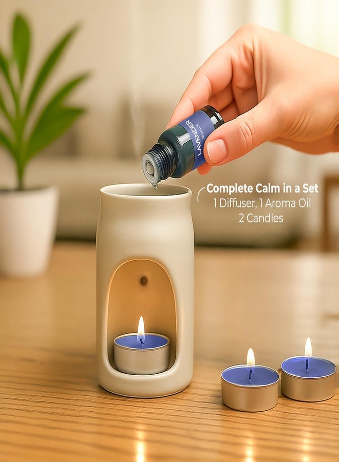 Floryn Decor Aroma Diffuser Set - Ceramic Oil Burner with 2 Tealight Candles & 10ml Essential Oil - Compact & Elegant Gift Set for Home, Bedroom, Office & Spa (Lavender) - Image 3