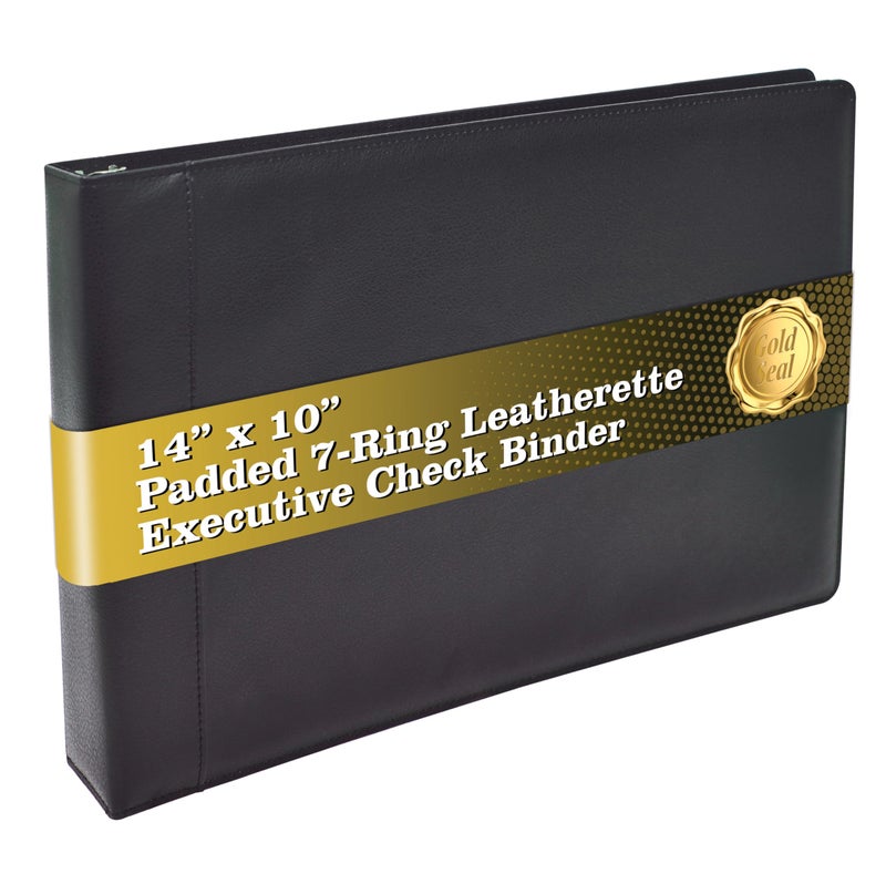 GOLD SEAL 7 Ring Executive Check Binder with Zipper Pouch, Padded Black Textured Premium Leatherette Cover, for 9" x 13" 3 Per Page Business Checks, 600 Check Capacity Checkbook Holder - Image 1