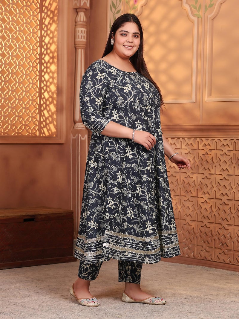 MEERA FAB Plus Size Women's Cotton Printed Anarkali Kurta with Palazzo & Dupatta Set with Dori Grey - Image 5