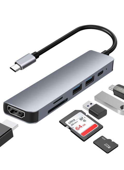 USB-C Hub 6-in-1 Docking Station, HDMI 4K, USB 3.0, SD/TF Card Reader, 100W PD, Titanium Grey