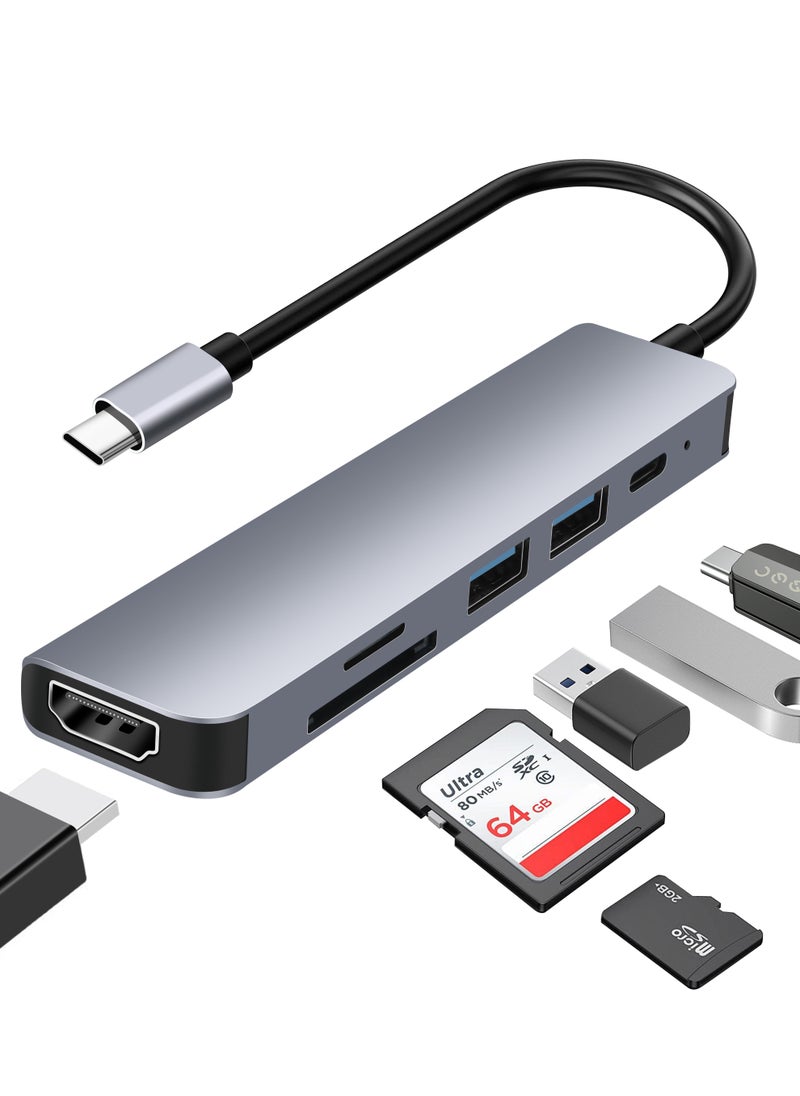 Xkimos USB-C Hub 6-in-1 Docking Station, HDMI 4K, USB 3.0, SD/TF Card Reader, 100W PD, Titanium Grey  - Image 1