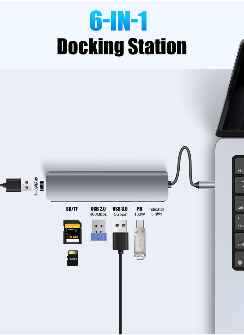 Xkimos USB-C Hub 6-in-1 Docking Station, HDMI 4K, USB 3.0, SD/TF Card Reader, 100W PD, Titanium Grey  - Image 2