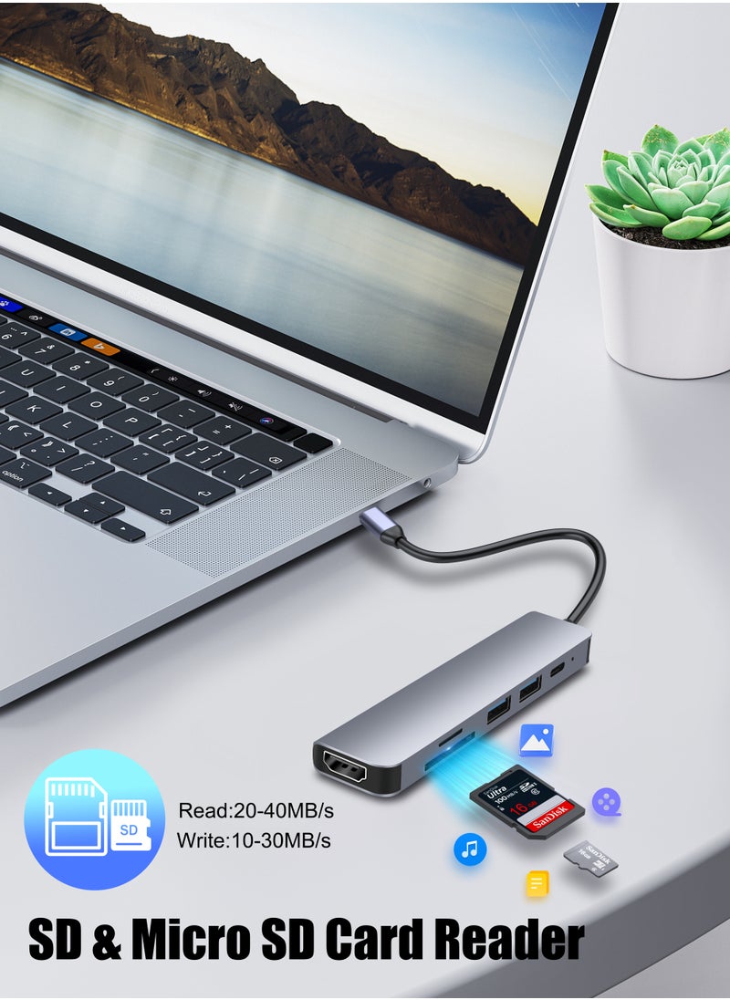 اكسيموس - موزع USB-C 6 في 1، منفذ HDMI 4K، USB 3.0، قارئ بطاقات SD/TF، ​​100 واط PD، رمادي تيتانيوم - Image 1