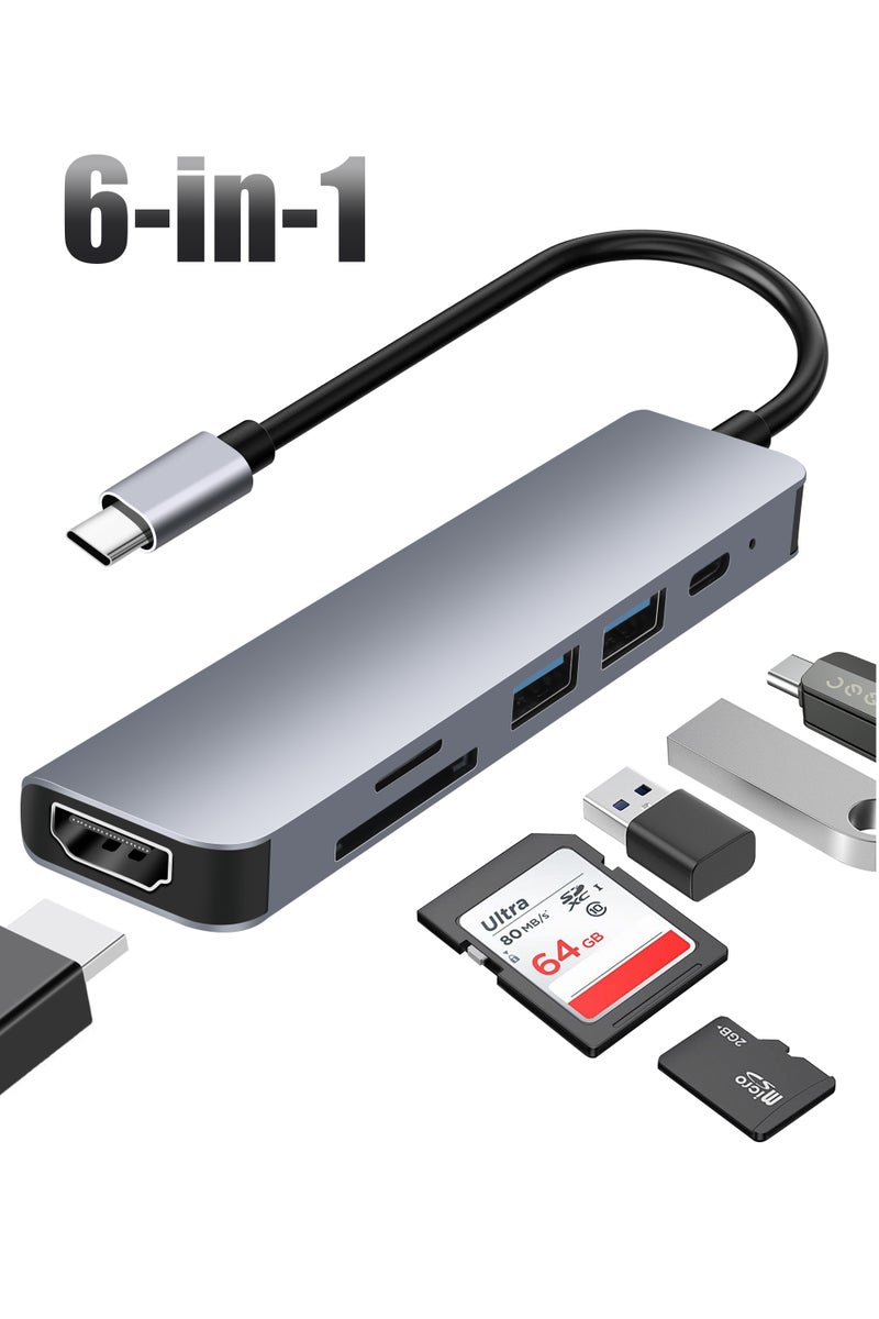 Xkimos USB-C Hub 6-in-1 Docking Station, HDMI 4K, USB 3.0, SD/TF Card Reader, 100W PD, Titanium Grey - Image 1