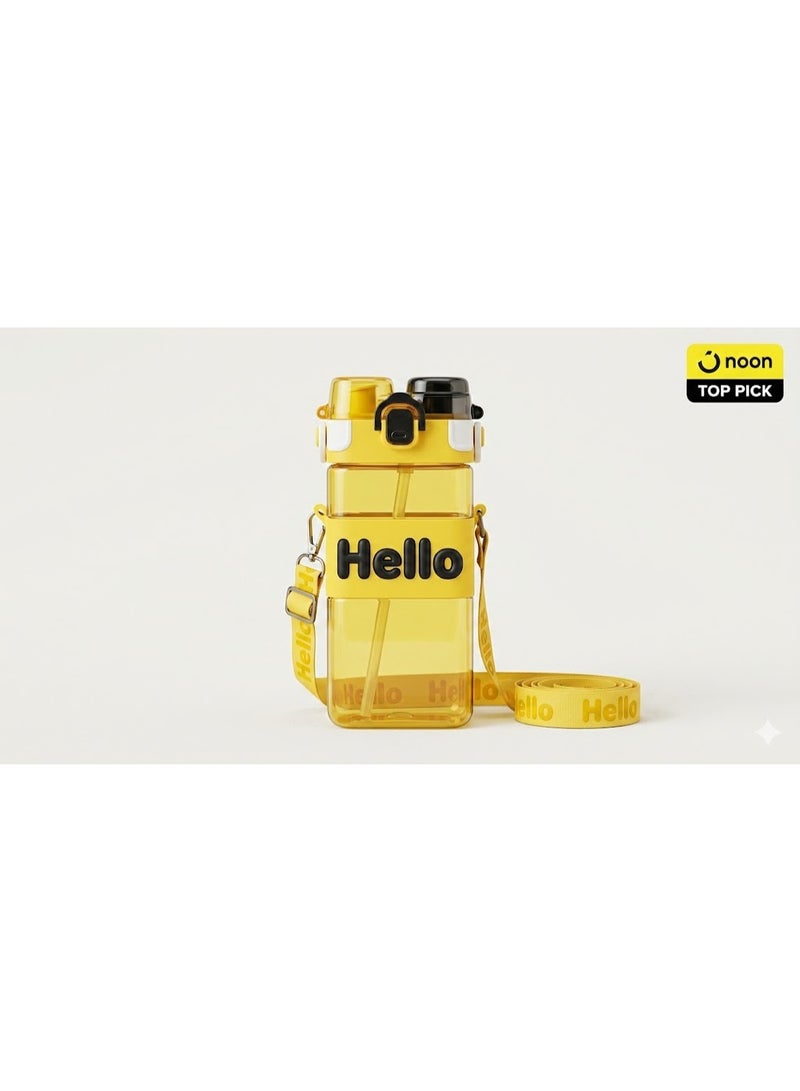 Kids' sports and school water bottle with a modern square design, straw, and adjustable shoulder strap - Clear, leak-proof plastic water bottle with a Hello print - Yellow