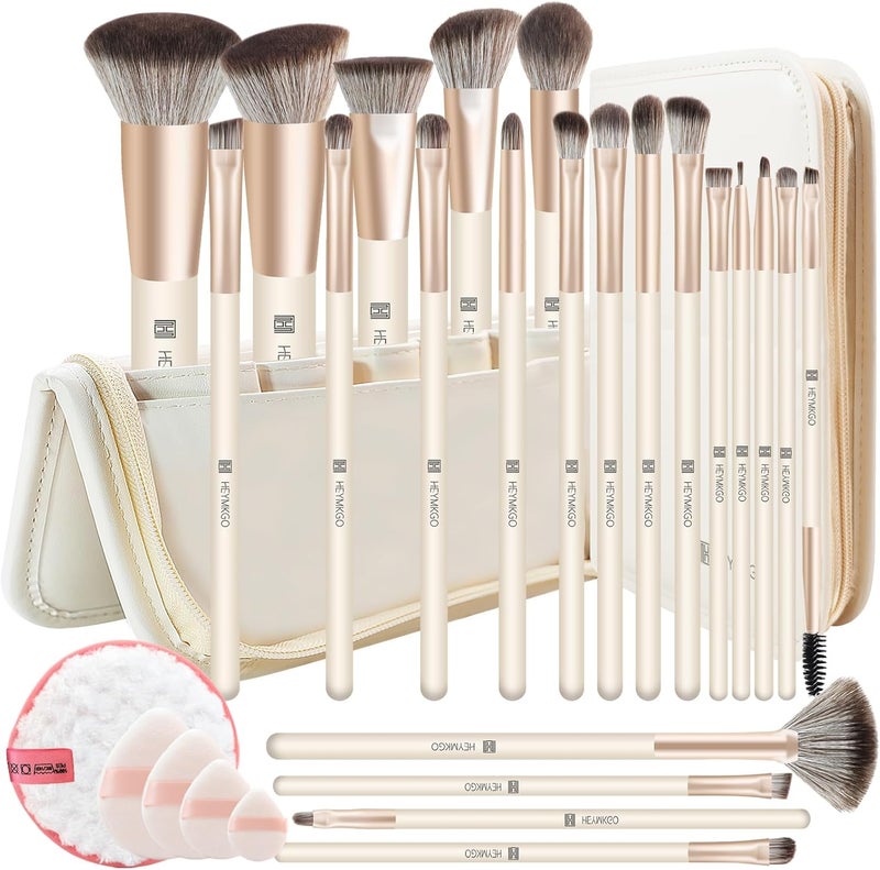 HEYMKGO Makeup Brushes Set Professional Premium Synthetic Foundation Powder Blush Blending Face Brush Eyeshadow Eyeliner Make Up Brush Kit 22PCS 4 Makeup Puffs Clean SpongeTravel Cosmetics Bag