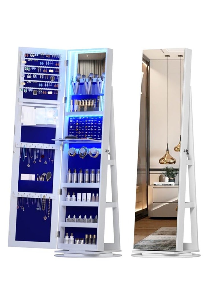 Jewelry Armoire with Full Length Mirror 360° Rotating, LED Makeup Cabinet Large Standing Lockable Mirror Jewelry Organizer with Inner Makeup Mirror and Soft Velvet for Living Room Bedroom  - Image 1