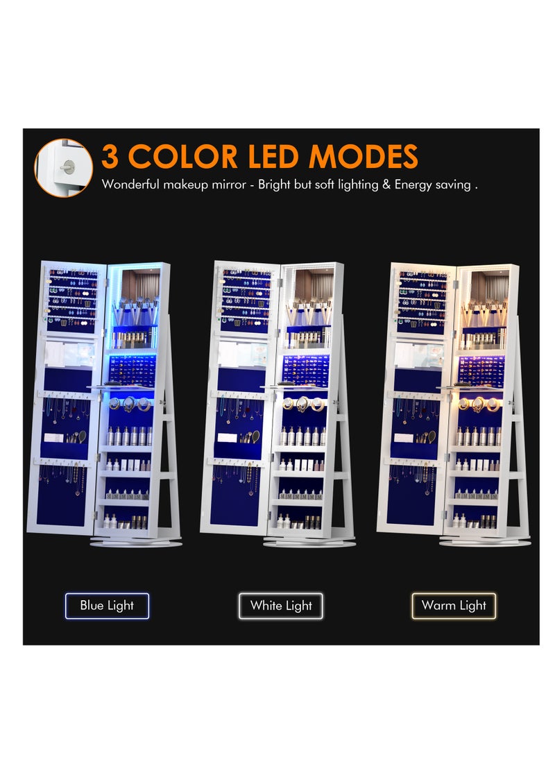 Jewelry Armoire with Full Length Mirror 360° Rotating, LED Makeup Cabinet Large Standing Lockable Mirror Jewelry Organizer with Inner Makeup Mirror and Soft Velvet for Living Room Bedroom  - Image 4