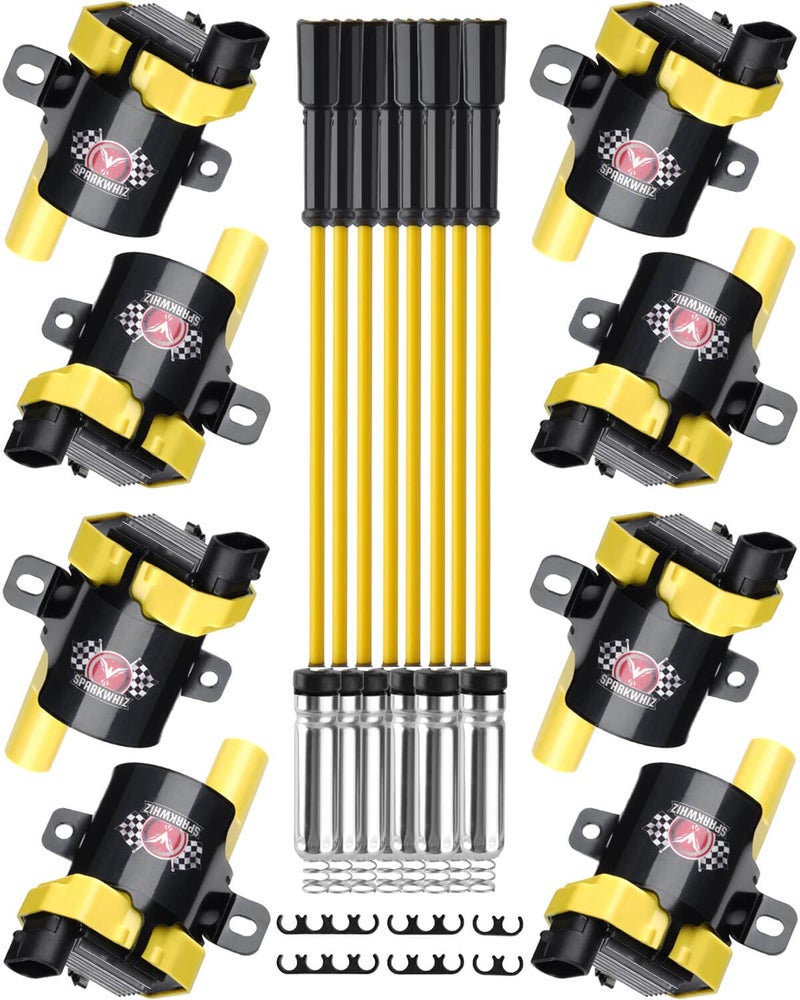 SPARKWHIZ Round Ignition Coil UF262 - Pack of 8 with 748UU 8mm Spark Plug Wires Set, Partially Compatible with GMC Chevrolet Cadillac, Replacement of UF262 D585 12563293 C1251 19005218 - Image 1