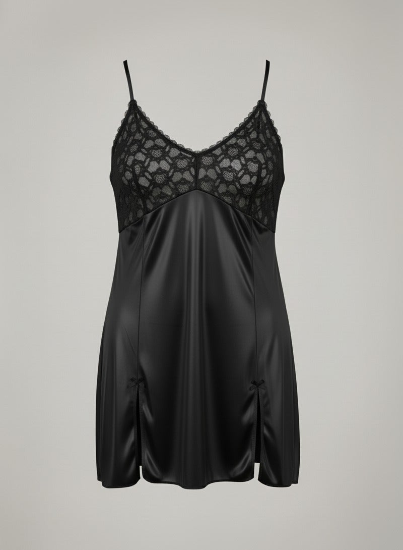 لاسو قميص نوم نسائي من الساتان من لاسو، فستان داخلي بياقة على شكل حرف V مزين بالدانتيل، حمالات رفيعة، طول قصير - Image 2
