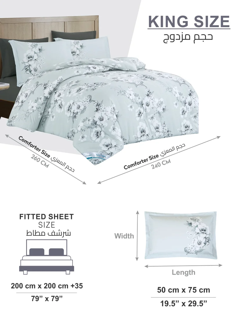 Donetella Printed Comforter Set 6-Pcs King Size All Season Double Bed Fits(200 X 200 Cm)Bedding Set With Removable Filler And Down Alternative Filling, Pastel Grey