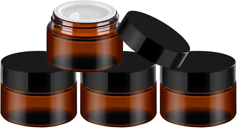 TUZAZO 1 OZ Amber Glass Jars with Lids, 4 Pack Small Round Glass Jars with Inner Liners Empty Cosmetic Containers for Creams, Lotions, Body Butters, Powders