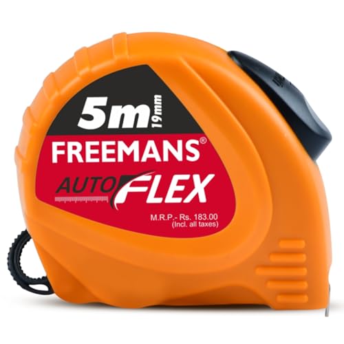 FREEMANS AUTOFLEX 5m:19mm Steel Inchi Pocket Measuring Tape with Unbreakable ABS Case, Auto-Lock Tape Blade and Press Release Button, Hand Strap and Belt-Clip - Image 1