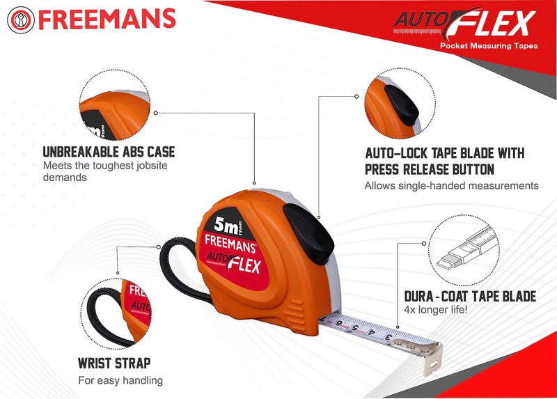FREEMANS AUTOFLEX 5m:19mm Steel Inchi Pocket Measuring Tape with Unbreakable ABS Case, Auto-Lock Tape Blade and Press Release Button, Hand Strap and Belt-Clip - Image 2