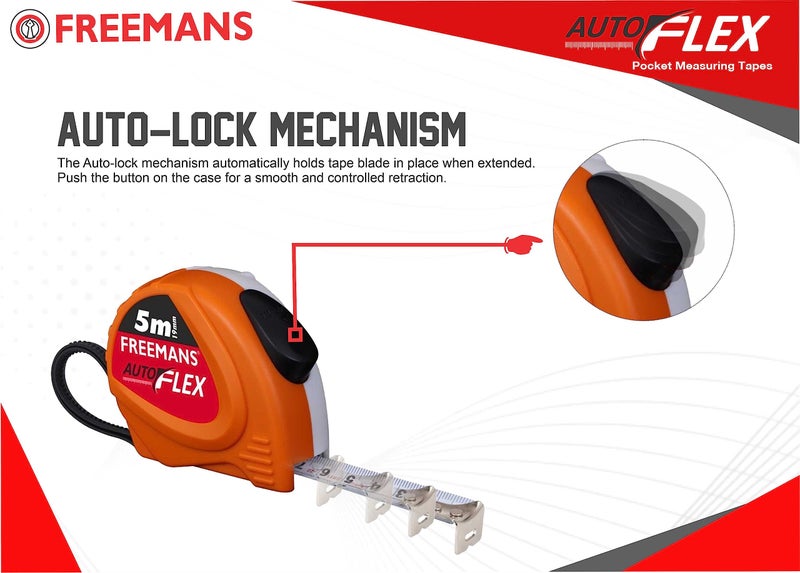FREEMANS AUTOFLEX 5m:19mm Steel Inchi Pocket Measuring Tape with Unbreakable ABS Case, Auto-Lock Tape Blade and Press Release Button, Hand Strap and Belt-Clip - Image 3