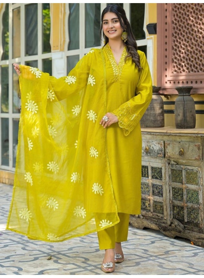 AKS Lime Green Embroidered Pakistani Kurta Set With Embroidered Dupatta  - Image 1