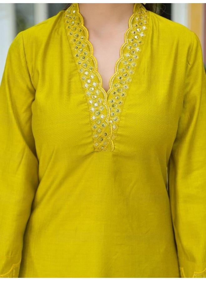 AKS Lime Green Embroidered Pakistani Kurta Set With Embroidered Dupatta  - Image 2