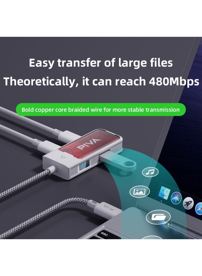 PIVA G41 4-in-1 Type-C Adapter with 60W USB-C Fast Charging, USB 2.0 DAC, 32bit/mi KHz Mbps Data Transfer, and a 3.5mm/Type-C Audio Port with Charging Power Display is compatible with Type-C devices, iPhones with Type-C ports, and iPads. - Image 2