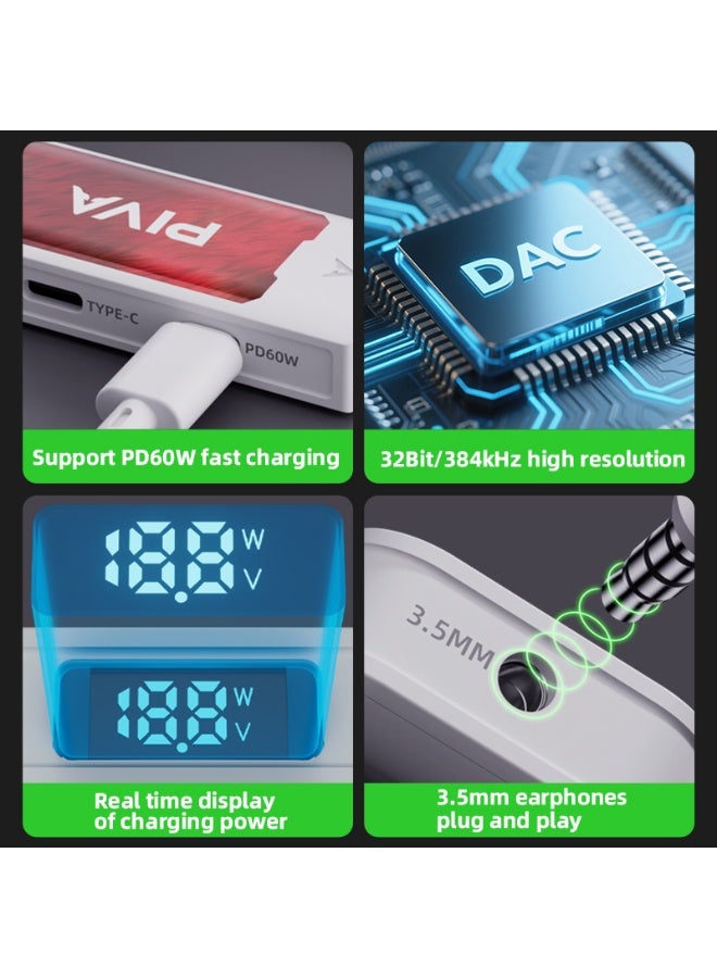 PIVA G41 4-in-1 Type-C Adapter with 60W USB-C Fast Charging, USB 2.0 DAC, 32bit/mi KHz Mbps Data Transfer, and a 3.5mm/Type-C Audio Port with Charging Power Display is compatible with Type-C devices, iPhones with Type-C ports, and iPads. - Image 3