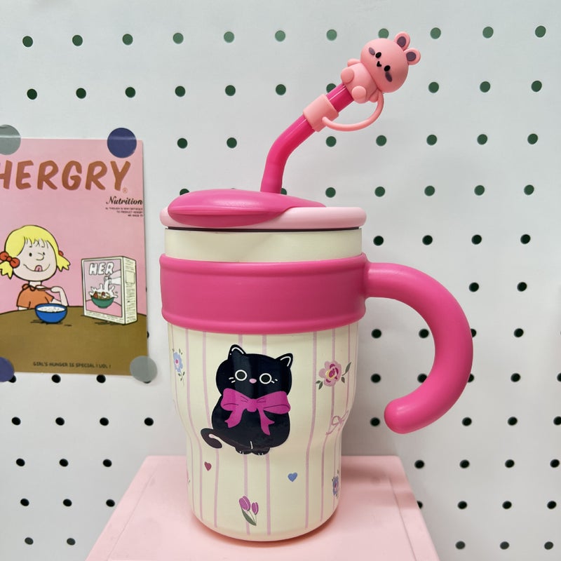 Cherry Maruko Jumbo Straw Insulated Mug High-Capacity Floral Cat [Free Dust Cap]