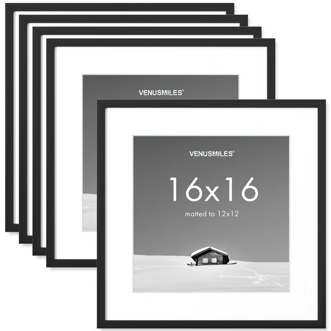 16X16 INCH PICTURE FRAME 16X16 PHOTO FRAMES WITH 12X12 REMOVABLE MAT HIGH DEFINITION PLEXIGLASS VERTICAL AND HORIZONTAL DISPLAY WALL HANGING FRAME BLACK 5 PACK
