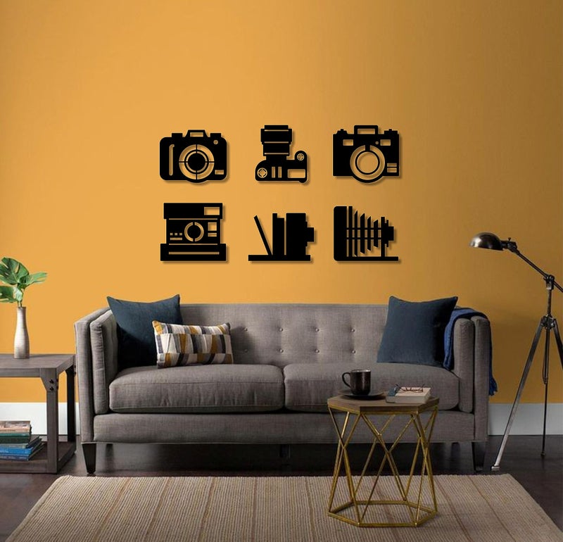 AD INFINITUM® Wooden Wall Art Hanging | Black Designed Wooden Decor Sculptures | Black Wall Art Decoration for Contemporary Home, Bedroom, Living Room, Office etc. (Camera, Set of 6) - Image 2