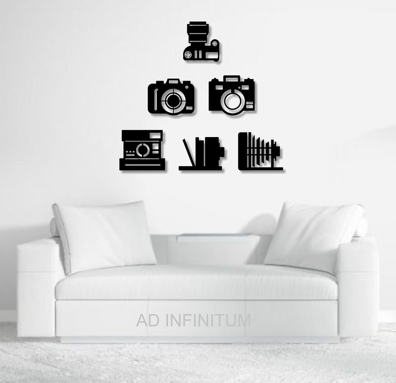 AD INFINITUM® Wooden Wall Art Hanging | Black Designed Wooden Decor Sculptures | Black Wall Art Decoration for Contemporary Home, Bedroom, Living Room, Office etc. (Camera, Set of 6) - Image 1