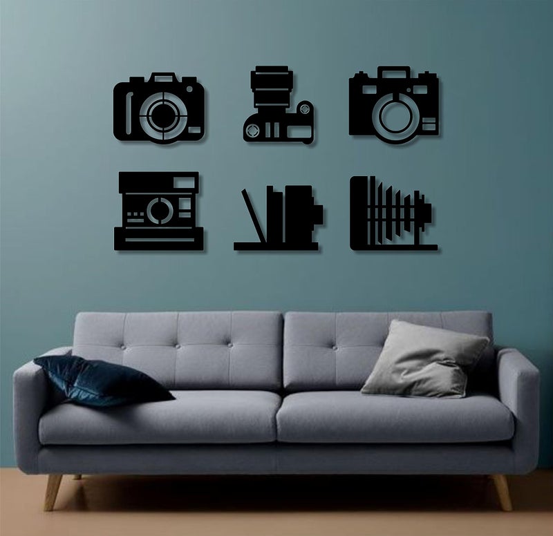 AD INFINITUM® Wooden Wall Art Hanging | Black Designed Wooden Decor Sculptures | Black Wall Art Decoration for Contemporary Home, Bedroom, Living Room, Office etc. (Camera, Set of 6) - Image 3