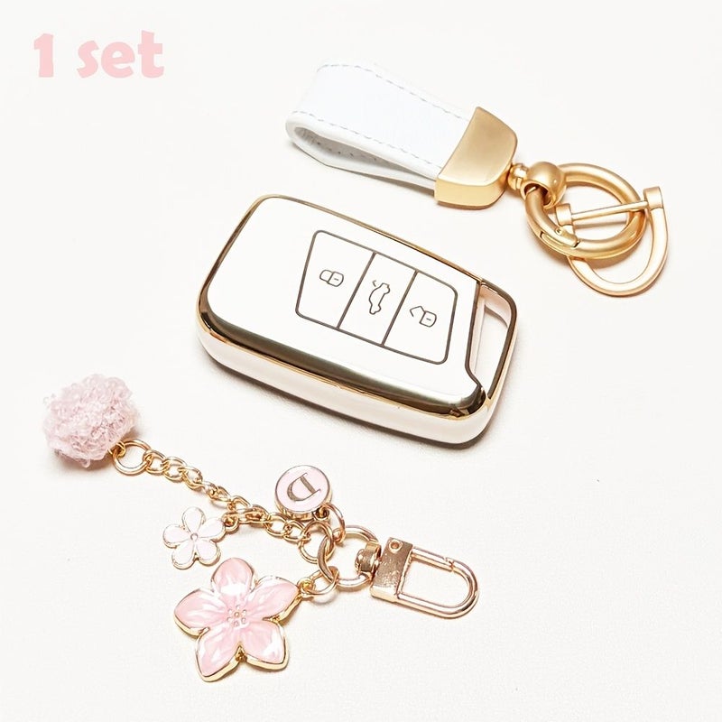 Gray Blue Key Fob Cover with Keychain Golden Edge Case Holder For Vw Atlas Alltrack Jetta Passat Tiguan - Image 2