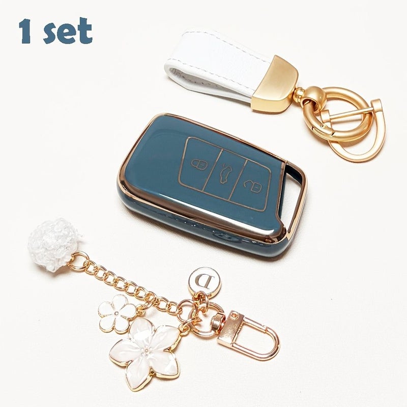 Gray Blue Key Fob Cover with Keychain Golden Edge Case Holder For Vw Atlas Alltrack Jetta Passat Tiguan - Image 4