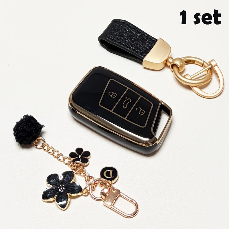 Gray Blue Key Fob Cover with Keychain Golden Edge Case Holder For Vw Atlas Alltrack Jetta Passat Tiguan - Image 1