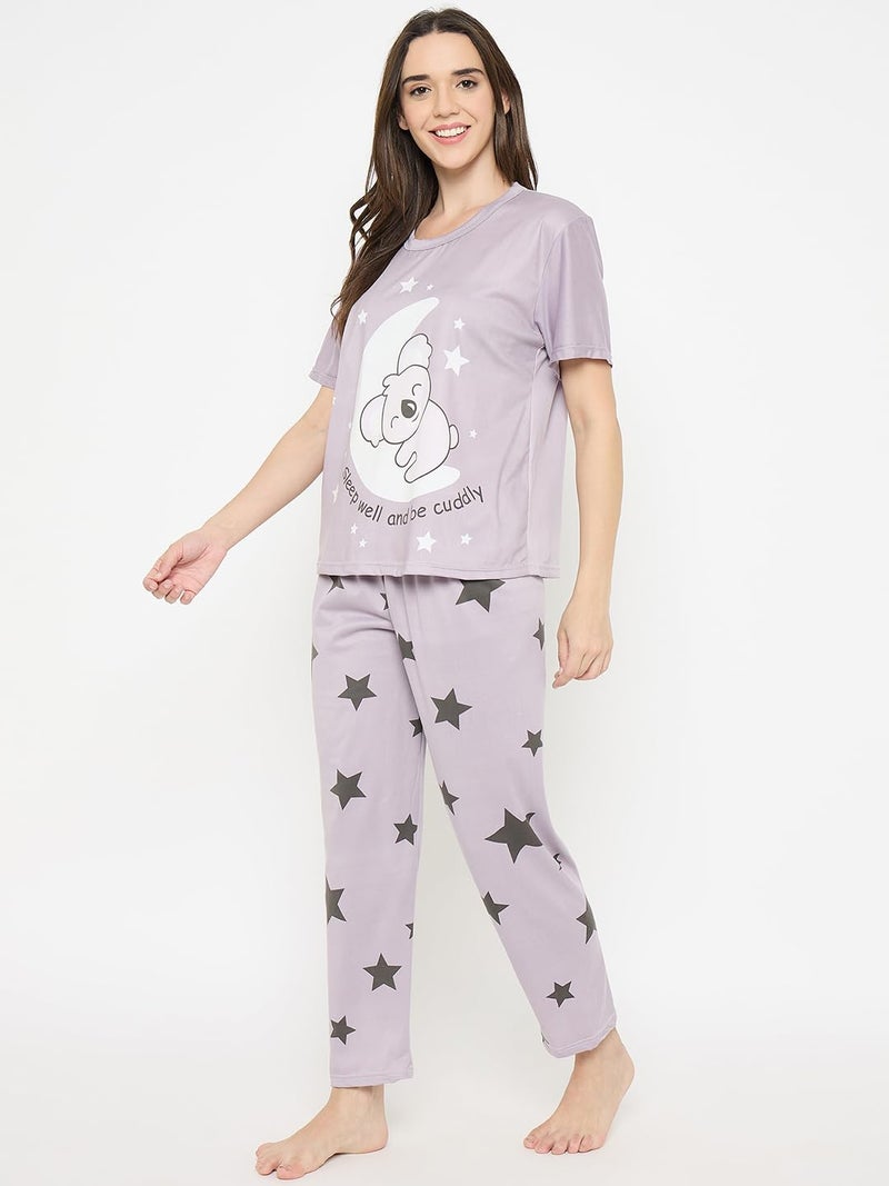 CAMEY Women Night Suit || Women Night Dress || Night Wear Loungewear || Pyjama Set with T-Shirt & Trousers || Soft & Comfortable Night Dress (Purple, M) - Image 3