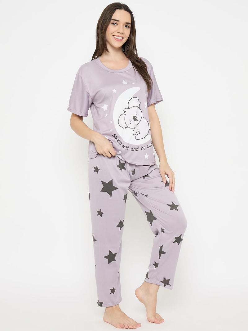 CAMEY Women Night Suit || Women Night Dress || Night Wear Loungewear || Pyjama Set with T-Shirt & Trousers || Soft & Comfortable Night Dress (Purple, M) - Image 4