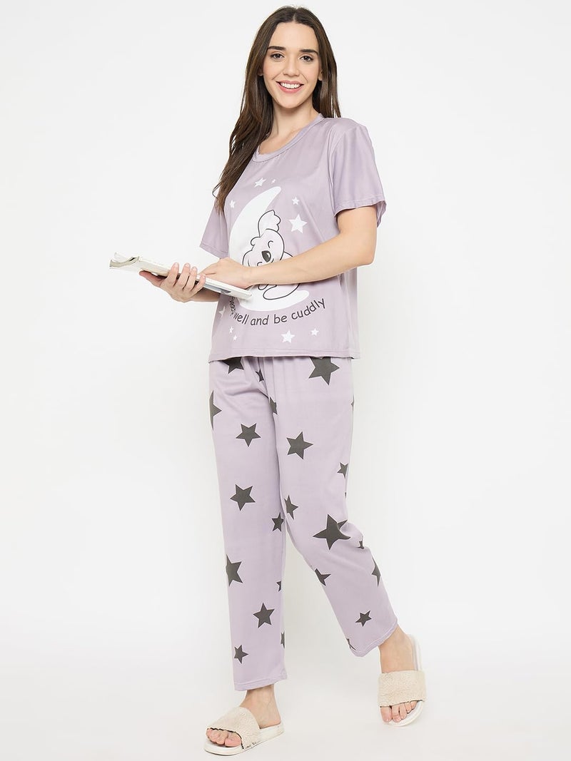 CAMEY Women Night Suit || Women Night Dress || Night Wear Loungewear || Pyjama Set with T-Shirt & Trousers || Soft & Comfortable Night Dress (Purple, M) - Image 2