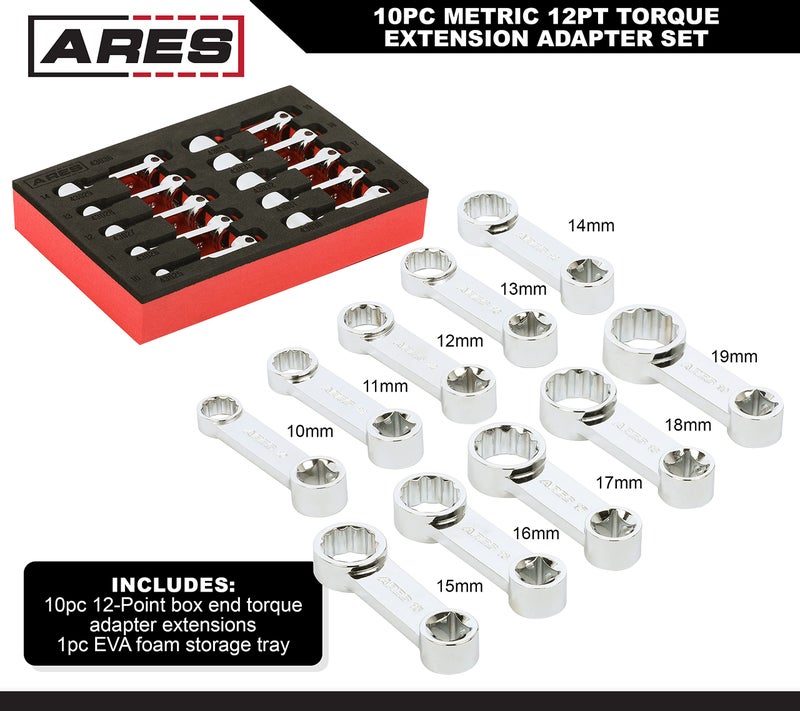 ARES 43036 â€“ 10-Piece Metric 12-Point Box End Torque Adapter Extension Set â€“ 3/8-Inch Drive - Extensions for Torquing in Hard to Reach Places â€“ Chrome Vanadium Steel Construction â€“ EVA Foam Tray - Image 2