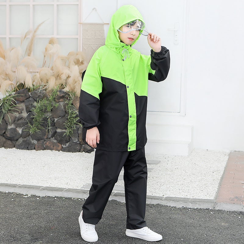 Kids Raincoat Set with Large Brim  Backpack Space green spell black