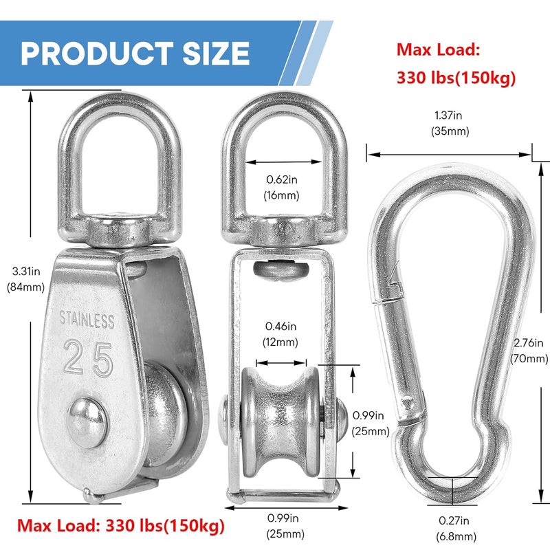 Cadbibe 2Pcs 304 Stainless Steel M25 Single Pulley Block, Wire Rope Hanging Wire Towing Wheel, with 2Pcs Spring Snap Hook - Image 4