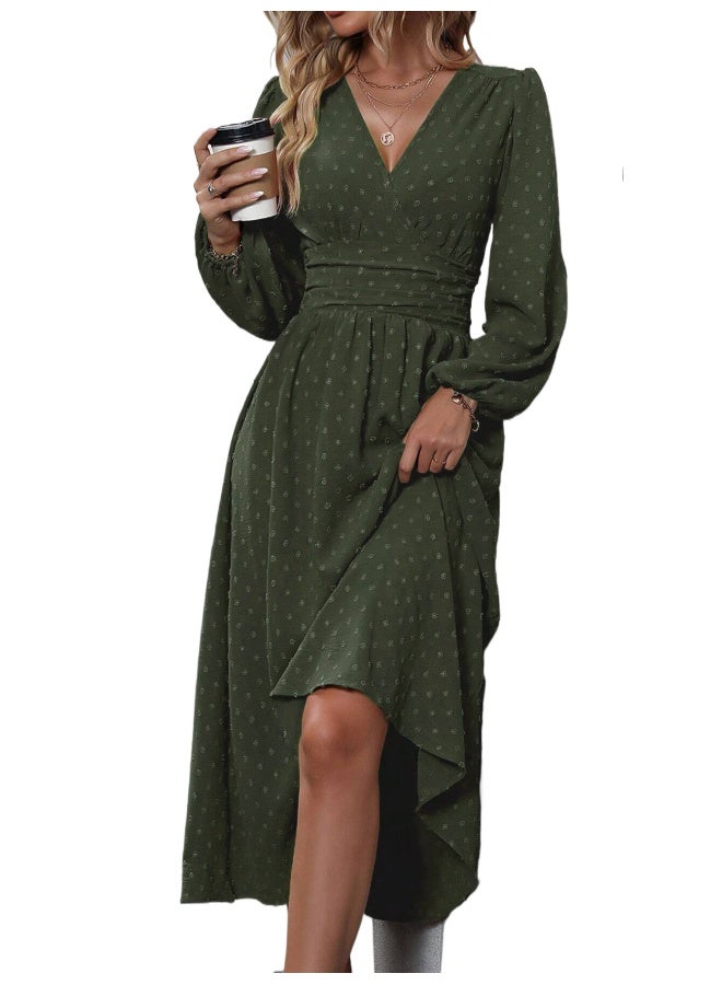 Autumn And Winter New Medium Fur Ball Diagonal Collar Lantern Sleeve Pleated Waist Dress