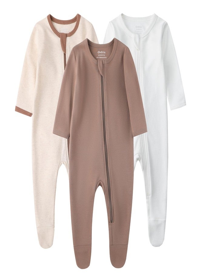 Owlivia Organic Cotton Baby Pajamas, Boys Girls 3-Pack Zip Front Sleep 'N Play, Footed Sleeper, Long Sleeve(6-12 Months, Brown&Beige&Ivory White) - Image 1
