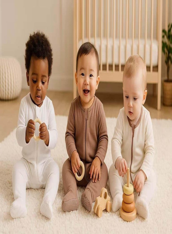 Owlivia Organic Cotton Baby Pajamas, Boys Girls 3-Pack Zip Front Sleep 'N Play, Footed Sleeper, Long Sleeve(6-12 Months, Brown&Beige&Ivory White) - Image 2