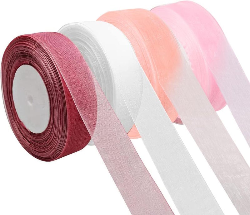 IMPRINT Organza Ribbon Set 1 Inch x 35 Metres 4 Rolls Pink White Burgundy Colours - Image 1