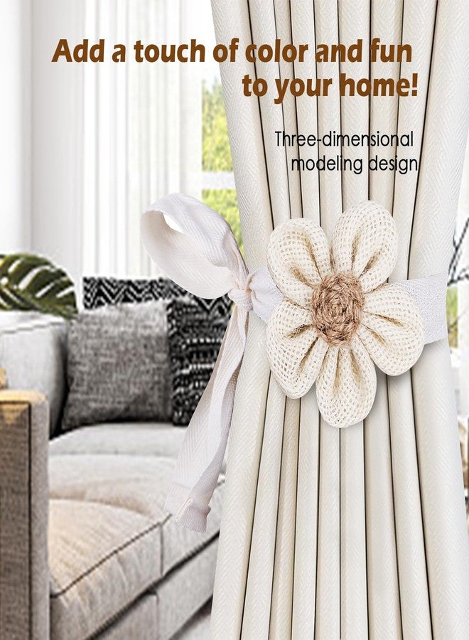 SRG 4pcs Handmade Rope Curtain Tiebacks | Boho Flower Curtain Holdbacks | Simple Elegant Sunflower Curtain Holders | Boho Bedroom Decor（Cream&Khaki） - Image 2