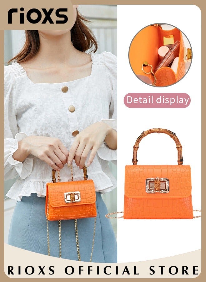 RIOXS Women's Mini Crossbody Bag, Fashionable Lightweight Shoulder Bag, Square Leather Handbag with Bamboo Handle and Metal Chains, Ideal for Travel or As Fashionable Accessory  - Image 3