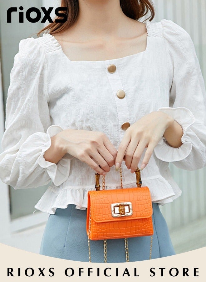 RIOXS Women's Mini Crossbody Bag, Fashionable Lightweight Shoulder Bag, Square Leather Handbag with Bamboo Handle and Metal Chains, Ideal for Travel or As Fashionable Accessory  - Image 5