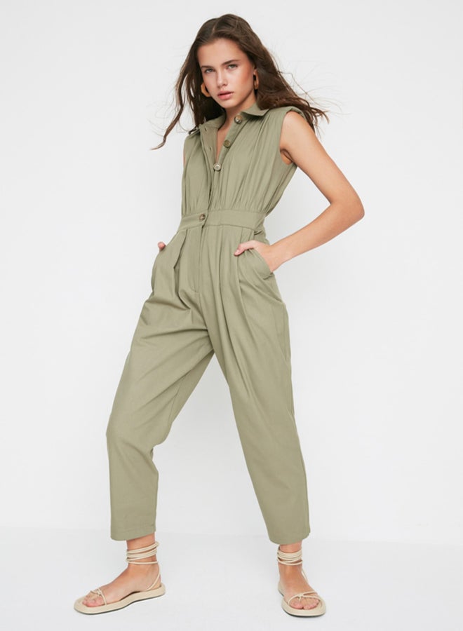 trendyol Khaki Shirt Collar Sleeveless Gabardine Woven Jumpsuit - Image 1